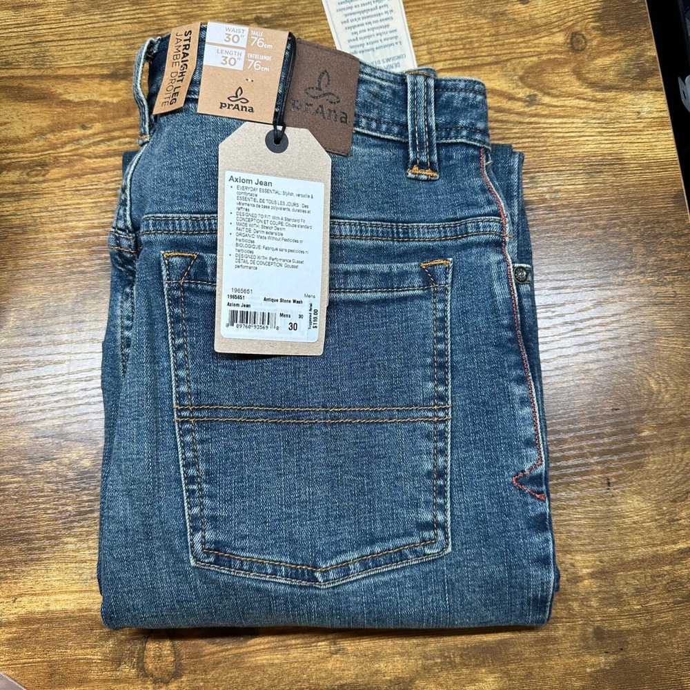 NEW Prana Axiom Jean Mens 30x30 Antique Stone Wash Organic Stretch Denim 1965651
